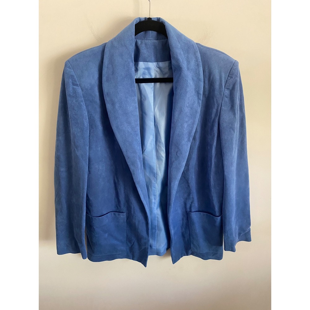 Ultrasuede Blue Shawl Collar Open Front Blazer Jacket Women Lined‎ Pockets